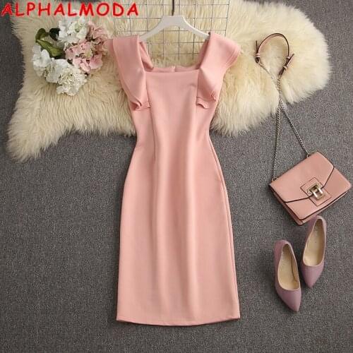 ALPHALMODA New Party Dress Double Ruffled Sleeve Square Collar Slim Fit Women Trendy Bodycon Dresses Back Split Fashion Dress