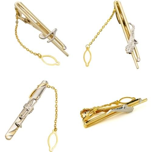 12pcs/lot Metal Music Instrument Tie Clip Music Note/Saxphone/Trumpet/Trombone Tie Pin Bars With Chain Mens Jewelry Accessories