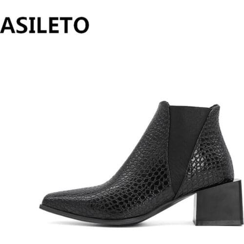 ASILETO Autumn Women Ankle boots Pointed toe Square heel PU Animal prints Slip-on Big size 34-46 Black White Brown Date S1964