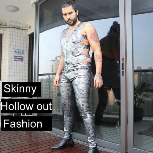 Hollow Out V-neck PU Leather Motorcycle Tee Shirt Mens Fashion Fitness Clothing Body Shaper Hot Sexy Tank Top Bodybuilding Vest