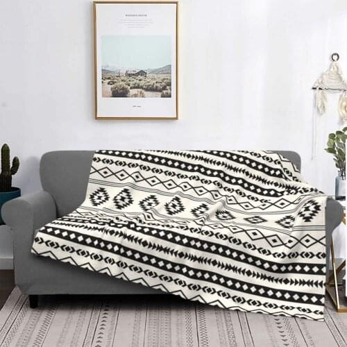 Bohemian Aztec Black On Cream Mixed Motifs Blanket Flannel Decoration Super Warm Throw Blankets for Bed Couch Plush Thin Quilt