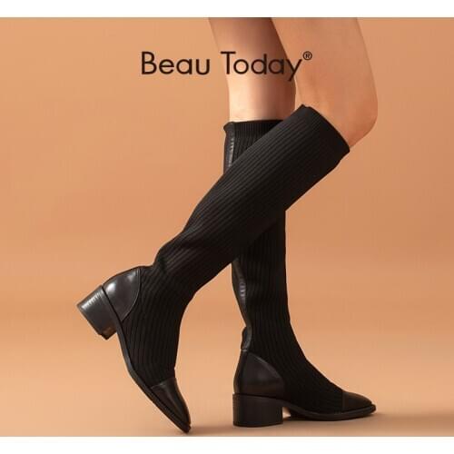 BeauToday Sock Boots Women Long Boots Knit Fabric Calfskin Patchwork Square Toe Ladies Slip-On Shoes Handmade 01423