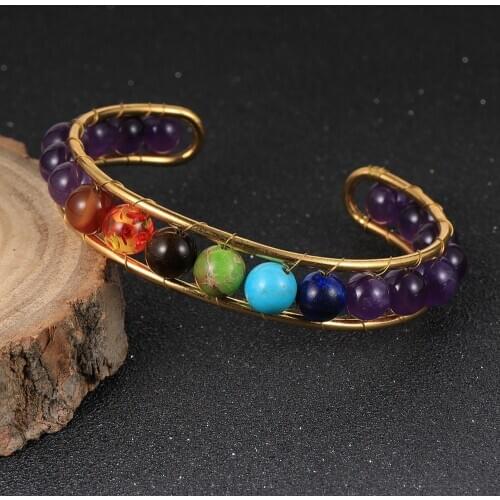 Reiki 7 Chakra Natural Stone Bracelets Bangles For Men Women Vintage Gold Yoga Healing Cuff Bangle Fashion Ladies BOHO Jewelry