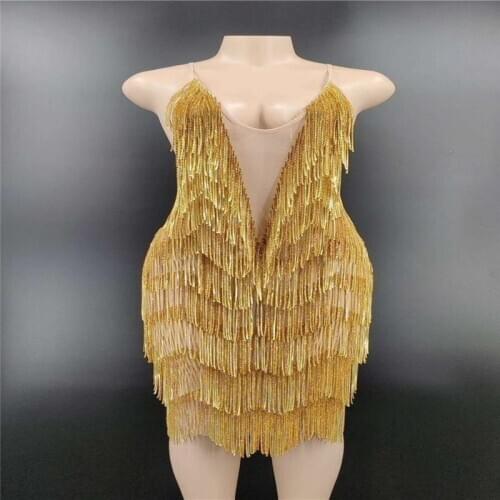 H32 Party Club Singer Performing Dress Colorful Fringe Sexy Sleeveless One Piece D Costume Tassels Backless Strapless New Year