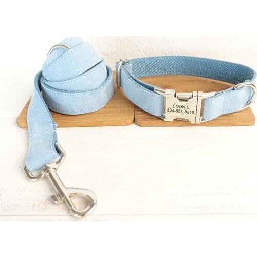 Personalized Pet Collar Customized Nameplate ID Tag Adjustable Soft Sky Blue Suede Fabric Cat Dog Collars Lead Leash Set