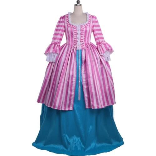Victorian Riding Habits Cosplay Costume Adutl Women Outside Walking Suit Pink Strips Top Blue Skirt Custom Made L321