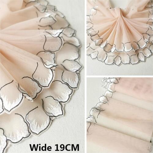 19CM Wide Luxury Skin Pink Tulle Embroidery Floral Lace Applique Collar Edge Trim Wedding Dress Veil Sewing Lace Guipure Fabric