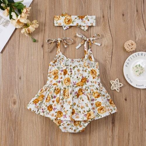 Infant Baby Girls Summer Outfits, Cute Self Tie Strap Sleeveless Floral Tutu Romper With Headband Set New Style 2021