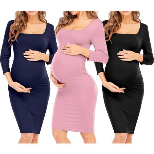 Women Mom Pregnancy Dress Maternity Square Neck Collar Solid Fashion Dresses Bodycon Dress Ruched Side Pregnancy Clothes