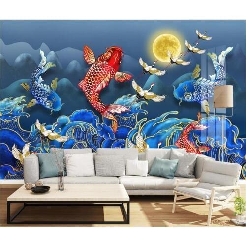 WDBH Custom photo mural 3d wallpaper Chinese carp water pattern crane landscape decor 3d wall mural wallpaper for living room
