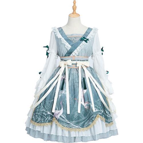 Chinese Style Lolita Dress Long Flared Sleeve Lace Empire Lolita One Piece Dress