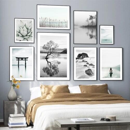 Scandinavian Black White Nature Landscape Poster Nordic Green Agave Sea Water Print Canvas Wall Art Painting Photography Picture