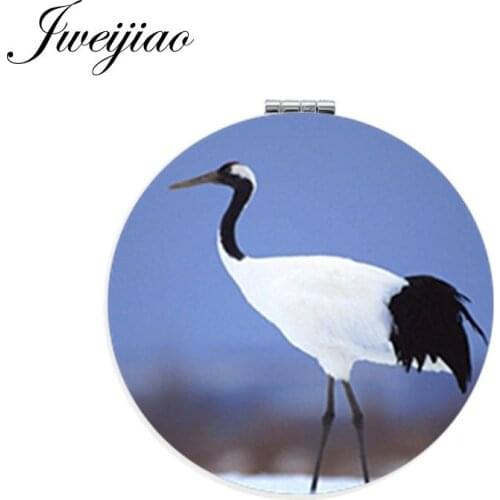 Youhaken Red-crowned Crane Birds Round Pocket Mirror PU Leather Grus japonensis Folding Compact Makeup Mirror For Birds Lovers