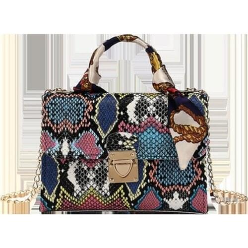 Retro Snake Skin Prints Crossbody Bag for Women 2021 New Fashion Serpentine Scarf Chain Shoulder Bag Top-Handle Mini Square Bag