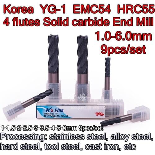 9pcs/set 1-1.5-2-2.5-3-3.5-4-5-6mm Korea YG-1 EMC54 K2 series 4F HRC55 Solid carbide End Mill Free shipping