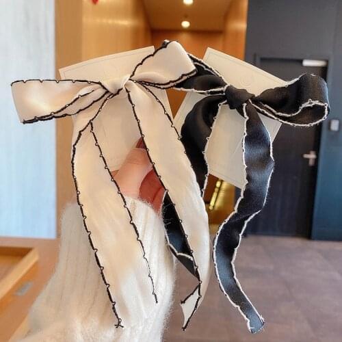 French Elegant Bow Womens Hairpin Fashion Girl Popular Wave Long Ribbon Satin Hair Clips Retro Solid Bow Barrettes Headdress