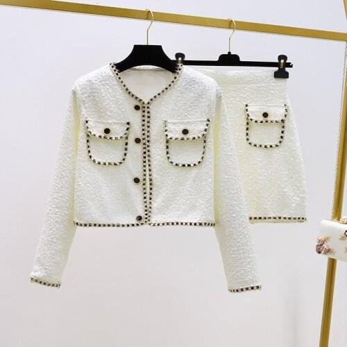High Quality Female Elegant Skirt Suit Fashion Woolen Two Piece Set Women Jacket Coat Crop Top + Mini Skirt Set 2 Piece Outfits