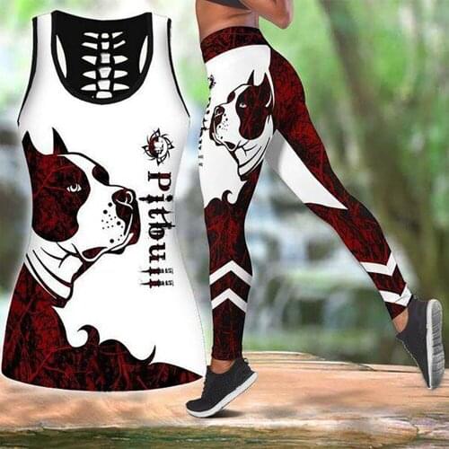 Womens Over Printed Yoga Suit Animal Pitbuii Dachshund 3D Printing Hollow Vest Tank Top High Waist Leggings Sports Ladies Suit