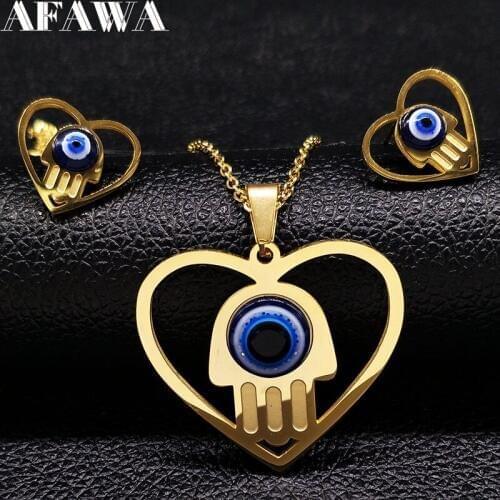 Big Hamsa Hand Stainless Steel Jewelry Sets Women Heart Evil Eye Dubai Gold Color Earrings Necklace Set Jewelry parure S178249