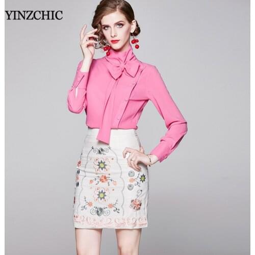 New Autumn Ladies Elegant Suit Pinky Blouse Pencil Skirt Suits for Office Lady Female 2pcs Blouse Skirt Sets Office Suits Woman