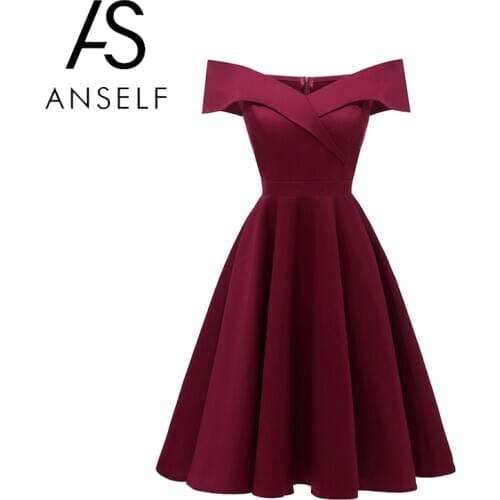 Anself Elegant Women Off Shoulder Dress Slash Neck Short Sleeve Solid Pleated Vintage Dress Cocktail Party A-line Swing Dress