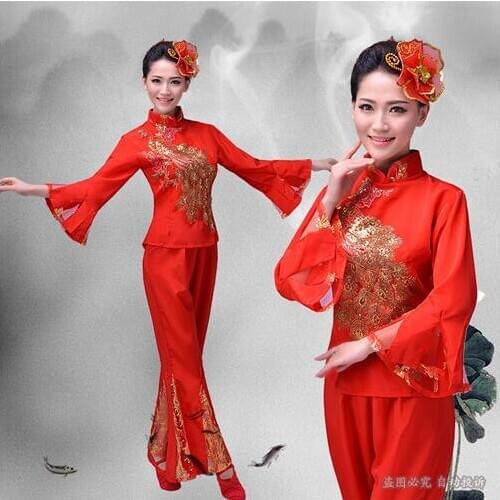 0146) Autumn fan dance CHinese folk dance red yangko dance clothing red Phoenix embroidery pattern stage costumes