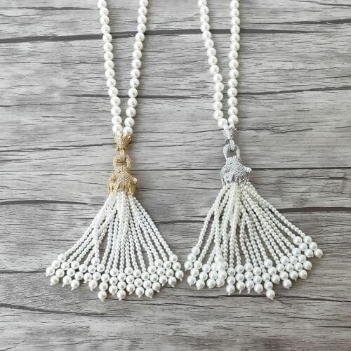 1Pcs Leopard head zircon charm Pendant CZ Micro pave,Natural Shell Pearl Beads Chain tassels Fashion Jewelry Necklace NK521