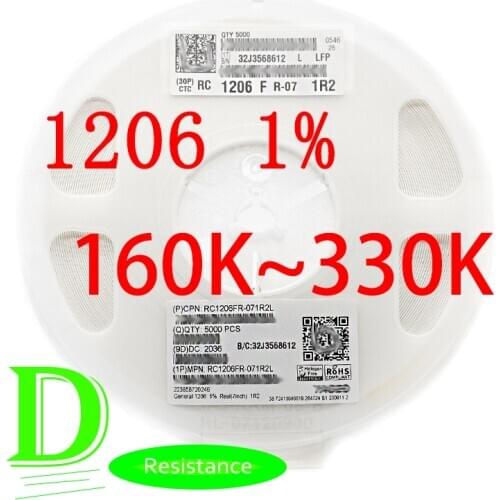 100PCS SMD Resistor RC Series 1206 1% Origina RC1206FR-07 Series 160K-330K All resistors 160K 180K 200K 220K 240K 270K 300K 330K