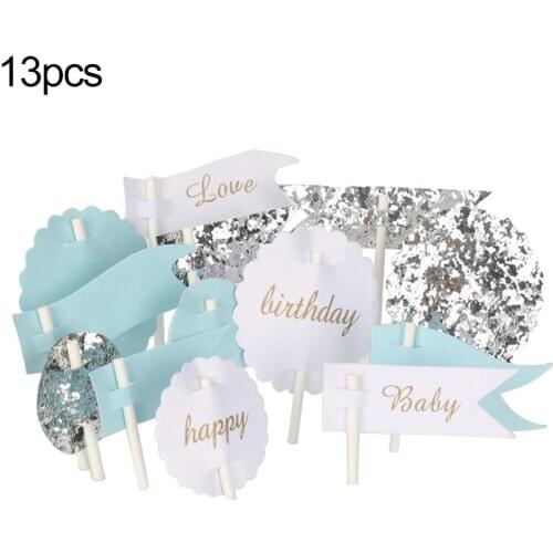 13Pcs Cake Ornament Happy Birthday Print Cake Topper Flag DIY Baby Shower Wedding Party Durable Dessert Decoration