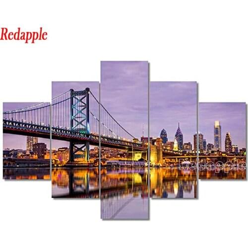 5D Diamond Painting Cross Stitch Philadelphia Ben Franklin Bridge Skyline DIY Full Drill Embroidery Pennsylvania city 5 pcs art
