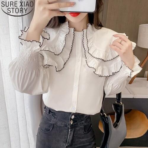 White Long Sleeve Ruffles Tops Korean Fashion New Sweet Peter Pan Collar Blouse Casual Loose Cotton Elegant Clothes Blusas 16967