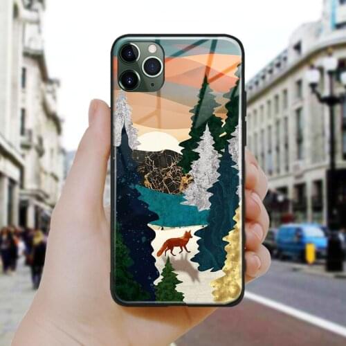 Nordic Abstract Fox forest Metallic Silicone Glass Phone Case Cover Shell For iPhone SE 6 6s 7 8 Plus X XR XS 11 12 Mini Pro Max