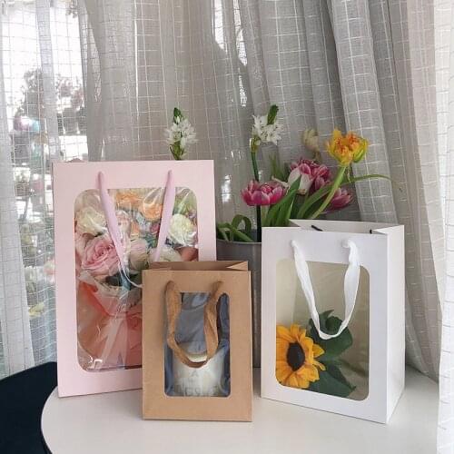 Flower Gift Paper Clear Window Box Transparent Packaging Tote Bag Food Packing Bag for Wedding Party Christmas Supplies