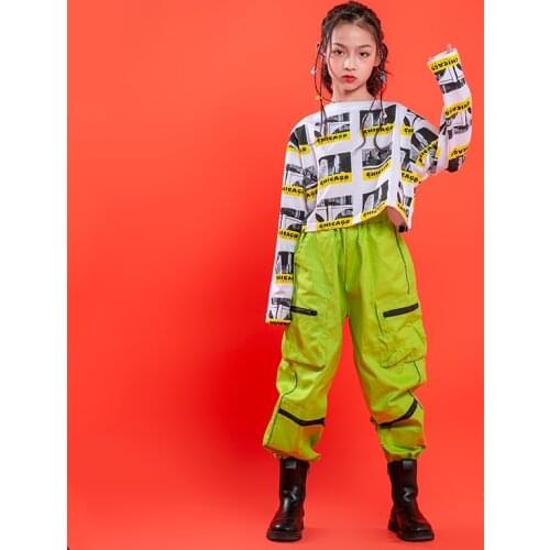 Kids Hip Hop Show Clothing Print Crop Tops Shirt Green Stage wear Tactical Cargo Pants for Singers Girls Dance Costume Clothes
