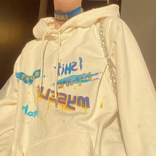 Graffiti Letter Printing Sweatshirt Women Vintage Streetwear Oversized Hoodies for Teens Long Sleeve Casual Girls Winter Warm