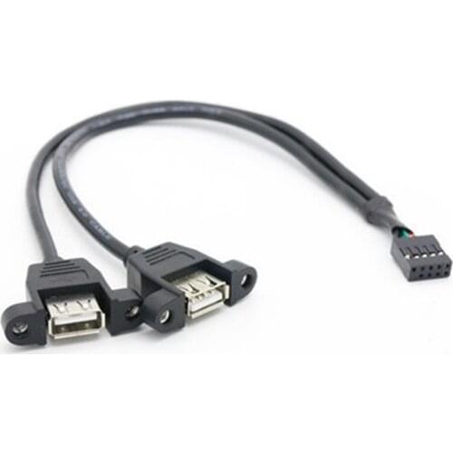 30cm 50cm 100cm Motherboard Internal 9pin Pitch 2.54mm to Dual Port USB 2.0 A Female Screw Lock Panel Mount Cable