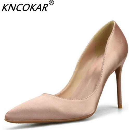 KNCOKAR Fall 2018 new silk satin stiletto stiletto heels sexy shallow mouth womens single shoes