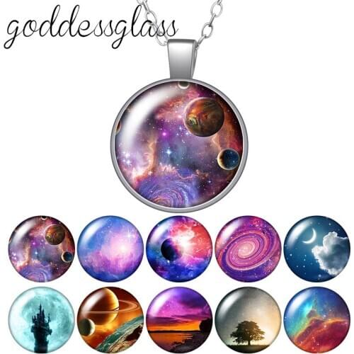 Outer space Planet Earth Stars night Round Glass glass cabochon silver plated/Crystal pendant necklace jewelry for Gift