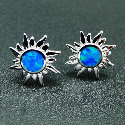 Beautiful 925 Sterling Silver Jewelry Blue Opal Sun Stud Earrings For Women Engagement Wedding Party Gift