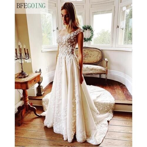 Ivory Lace Scoop Tulle Satin Sleeveless Floor-Length A-Line Wedding Dresses Chapel Train Custom Made