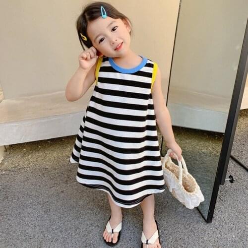 Summer Girls Dress 2021 New European American Style Simple Cool Loose Striped Vest T-Shirt Dresss Kids ChildrenS Clothing