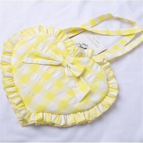 Sweet Bow Hand Bags for Women Japanese Style Ruffles Love Handbag Plaid Heart Bag Fashion Shoulder Female Bags