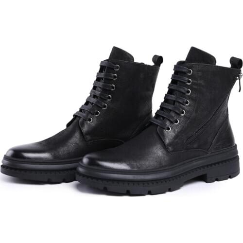 Men boots black round Toe cow leather ankle boots