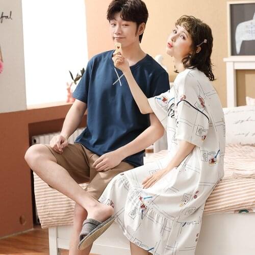 Couple Pajamas Set Summer Casual Men Cotton Plus Size Short Sleeve Sleepwear Korean Sweet Cartoon Printing Black Women Nightwear