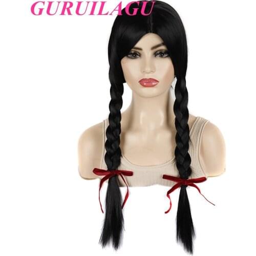 GURUILAGU Braided Wigs For Women Black Color Cosplay Wig 24inch Heat Resistant Fiber Long Wigs Women Middle Part Synthetic Wig