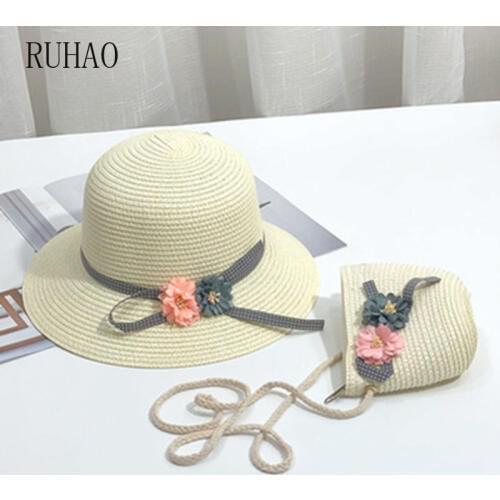 RUHAO Girls summer caps wide brim straw hat floppy kids baby beach visors sun hat small bag 2 piece set
