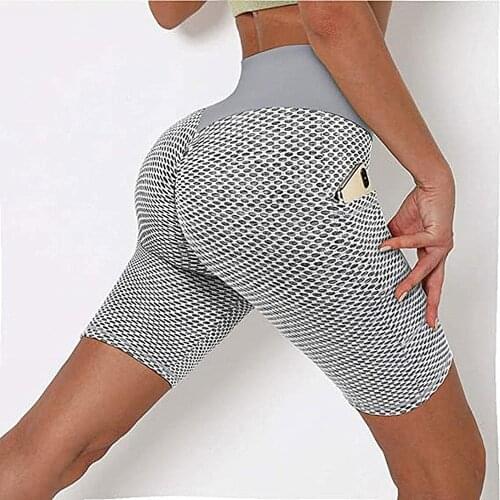 Sexy Womens Sports High Waist Shorts Pockets Leggings Push Up Gym Jogging Running Shorts Tummy Control Workout Shorts Female