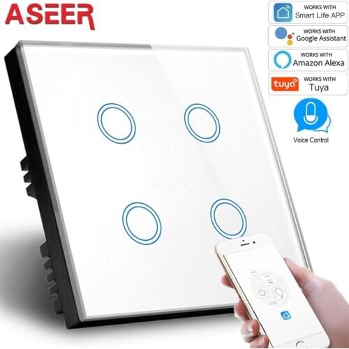 ASEER,Dropshipping UK Standard wifi smart switch 4Gang,Alexa Voice Control Wall Wifi Switch 1000W,White Crystal Glass Panel 220V