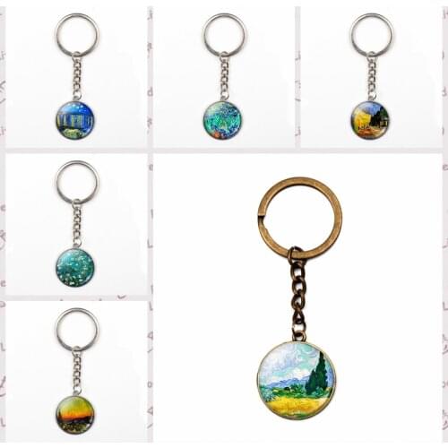 Vintage Van Gogh Oil Painting Pendant KeyChain Moon Night Street Landscape Pattern Sunflower Keyring Men Women Handmade Trinkets