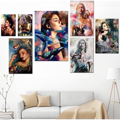 Wolf Parrot Dolphin Abstract Art Girl Scroll Painting Canvas Art Wall Pictures Frame Painting Vintage Posters and Prints Art